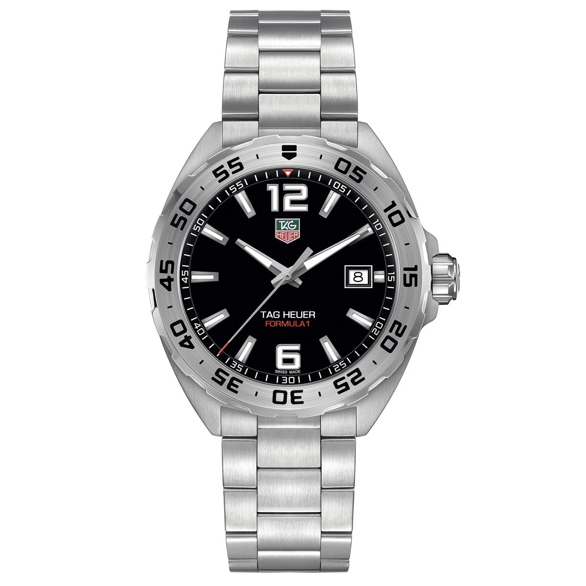 The TAG Heuer Formula 1 Date Quartz 41mm Watch by TAG Heuer features a robust stainless steel case, a black dial with silver hour markers, a date display at the 3 o’clock position, and a sleek brushed metal bracelet.