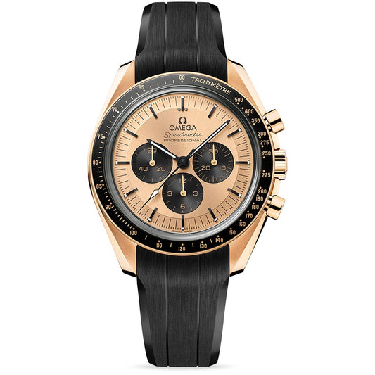 This OMEGA Speedmaster Moonwatch Professional Co-Axial Master Chronometer Chronograph 42mm Watch boasts an 18K Moonshine™ Gold case and bezel, complete with three black subdials. It includes a black tachymeter scale, features a black rubber strap, and showcases the Omega logo below the 12 o'clock mark.