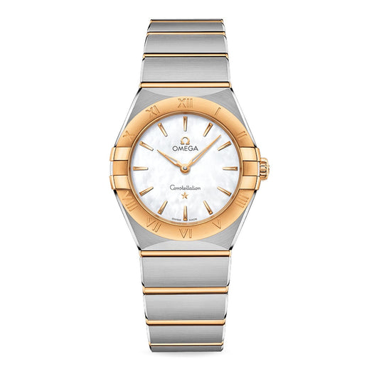 The OMEGA Constellation Quartz 28mm Watch exudes luxury with its silver and gold tone stainless steel band, round white dial adorned with gold hour markers, and an eye-catching gold bezel. Featuring the iconic Omega logo, it is driven by the accurate Calibre 4061 movement.
