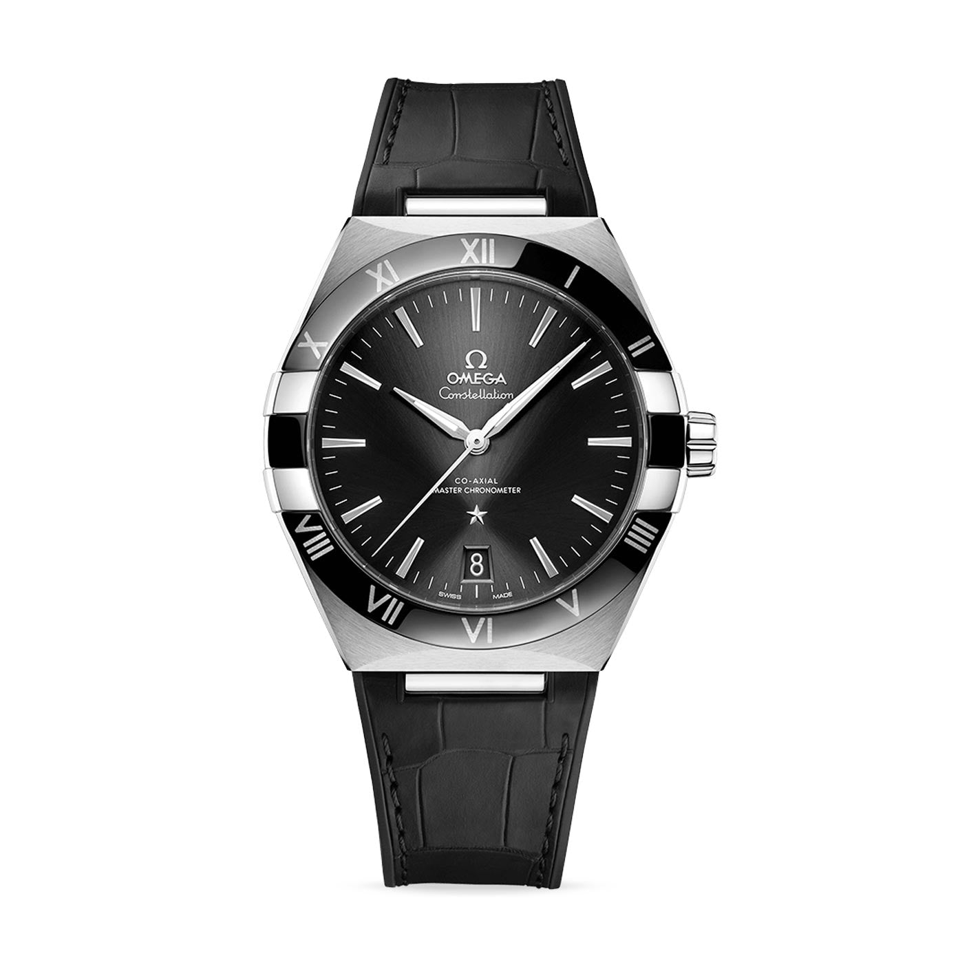 Introducing the OMEGA Constellation Co-Axial Master Chronometer 41mm Watch, this sophisticated men's timepiece features a black leather strap and a stainless steel case. It showcases a striking black ceramic bezel adorned with the Omega Constellation logo. The watch's black dial is elegantly designed with silver hour markers and hands, emphasizing the precision of the Co-Axial Master Chronometer Calibre 8900 movement.