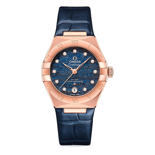 Introducing the OMEGA Constellation Co-Axial Master Chronometer 29mm Watch, a luxury timepiece with a rose gold case and blue leather strap. Its blue face dazzles with diamond hour markers and features a date window at 6 o'clock. The gold bezel is adorned with Roman numerals, elevating its elegance for those who appreciate sophistication synonymous with the OMEGA brand.