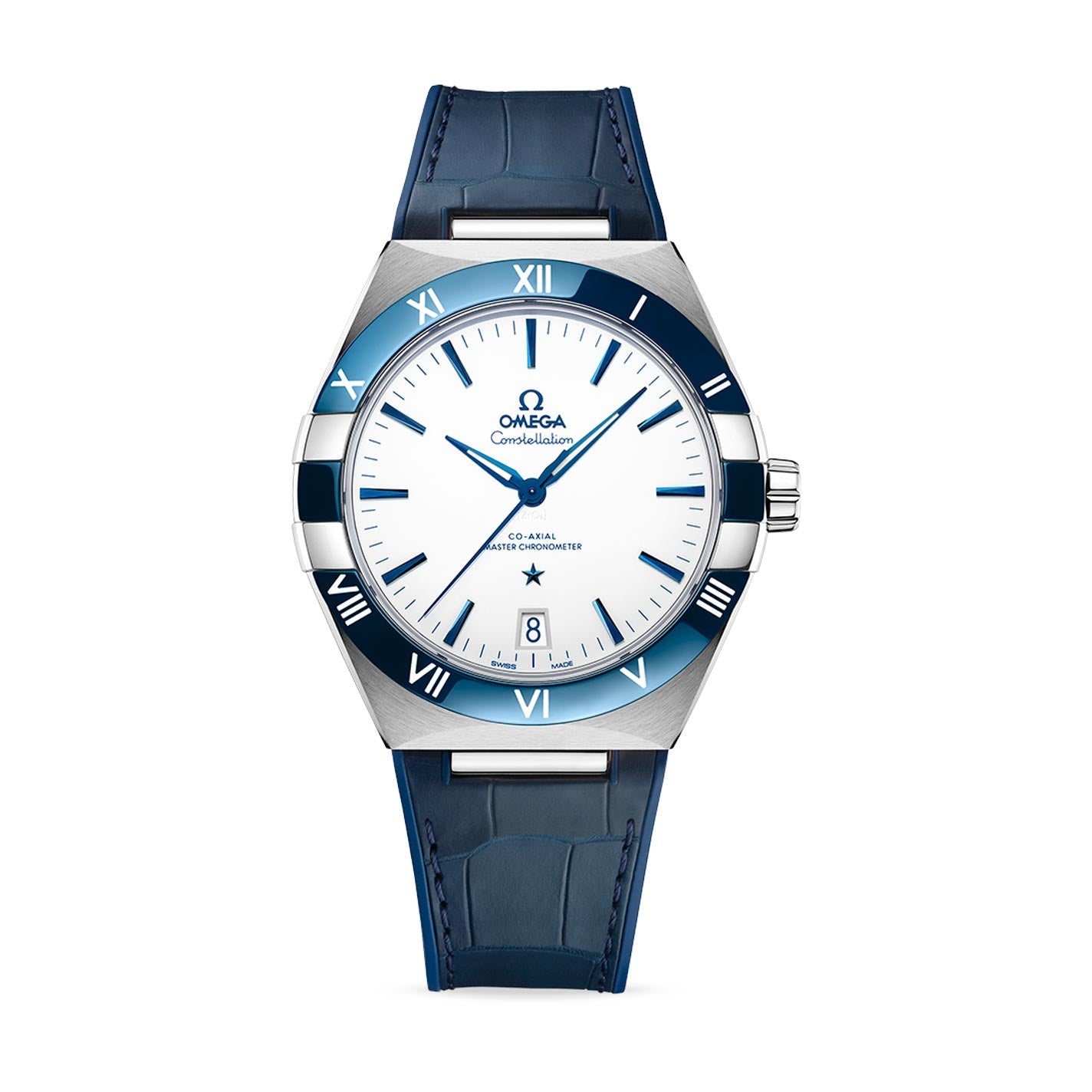 The OMEGA Constellation Co-Axial Master Chronometer 41mm Watch features a sophisticated blue leather strap and a stylish silver and blue bezel. Its elegant white dial, embellished with silver hour markers and a date window at 6 o'clock, is powered by the precise Co-Axial Master Chronometer Calibre 8900, demonstrating excellence in this stainless steel design.