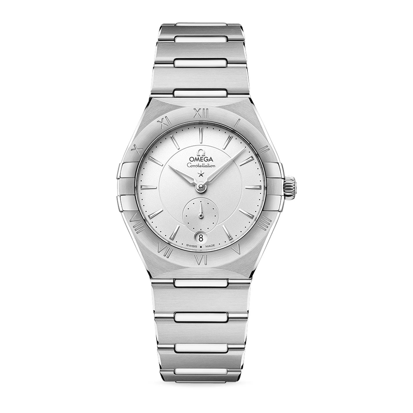 The OMEGA Constellation Co-Axial Master Chronometer Small Seconds 34mm Watch showcases a sophisticated silver dial with a small seconds subdial positioned at 6 o'clock. It is adorned with Roman numerals on the bezel and features the "Constellation" branding alongside the iconic OMEGA logo. This refined timepiece is complemented by a durable stainless steel bracelet.