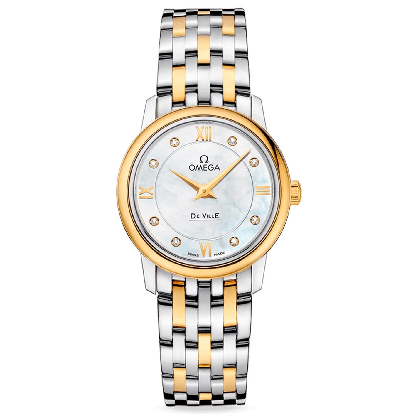 The OMEGA De Ville Prestige Quartz 27.4mm Watch exemplifies luxury with its elegant two-tone silver and gold bracelet, white dial featuring diamond-set indexes, and Roman numerals at the 3, 6, 9, and 12 o'clock positions. The brand names "OMEGA" and "De Ville" are beautifully displayed on the dial.