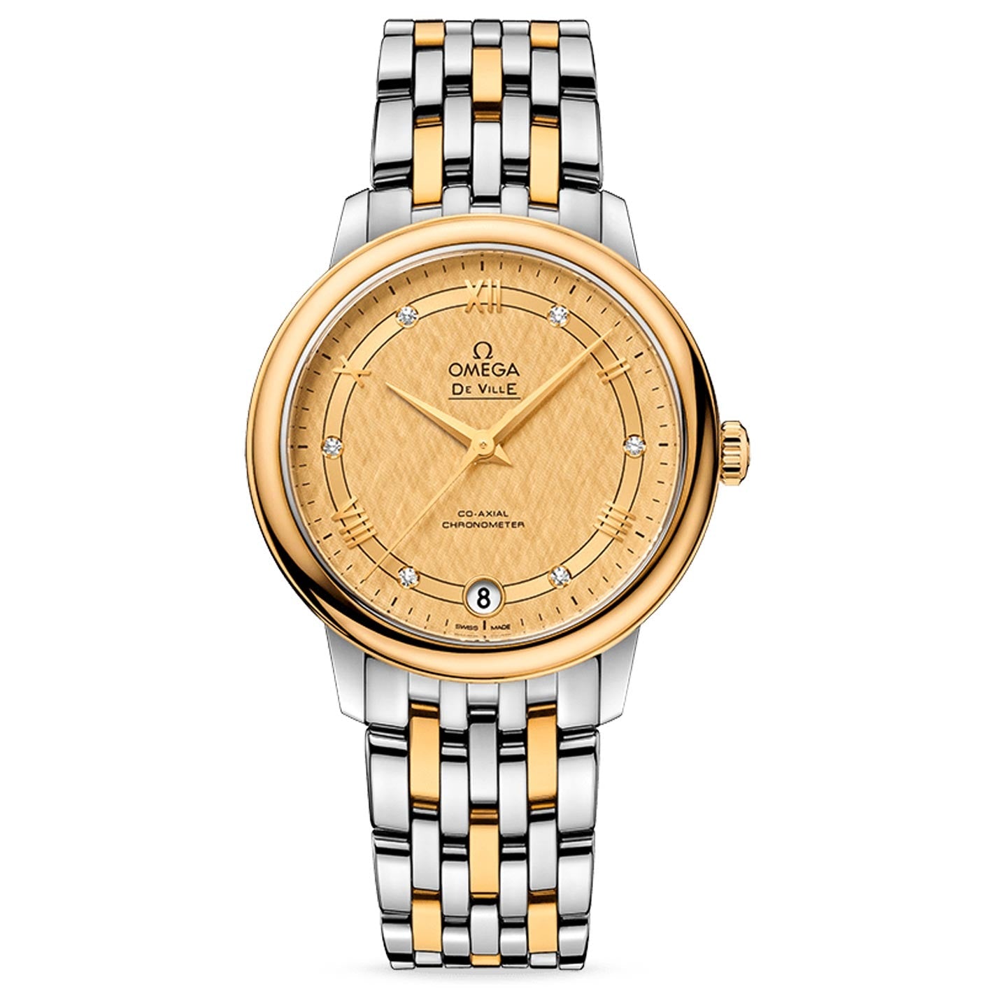 The luxurious OMEGA De Ville Prestige Co-Axial Chronometer 32.7mm watch features a sophisticated gold and silver linked band. Its elegant round face is adorned with a champagne dial, showcasing gold details, diamond hour markers, and a date window at the 6 o'clock position. These elements are elegantly framed by a gleaming gold bezel, all driven by the precision of the Co-Axial Calibre 2500 movement.