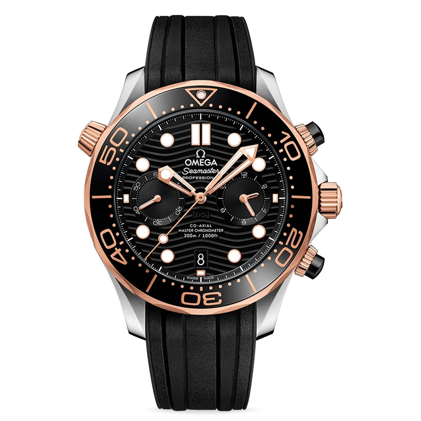 This luxurious dive watch, the OMEGA Seamaster Diver 300M Co-Axial Master Chronometer Chronograph 44mm, features a black dial with rose gold accents, includes three sub-dials and a date window at the 6 o'clock position. It is paired with a black rubber strap and its bezel is detailed with numbers and marked by a triangle at the 12 o'clock position.