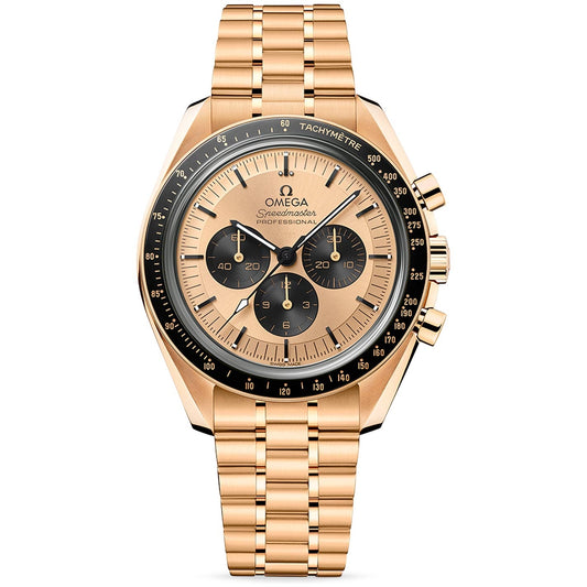 The OMEGA Speedmaster Moonwatch Professional Co-Axial Master Chronometer Chronograph 42mm Watch highlights a polished bracelet and case in its 18K Moonshine Gold design. It boasts a champagne dial with black subdials and an OMEGA Ceragold tachymeter on the bezel, embodying elegance and precision in one iconic timepiece.