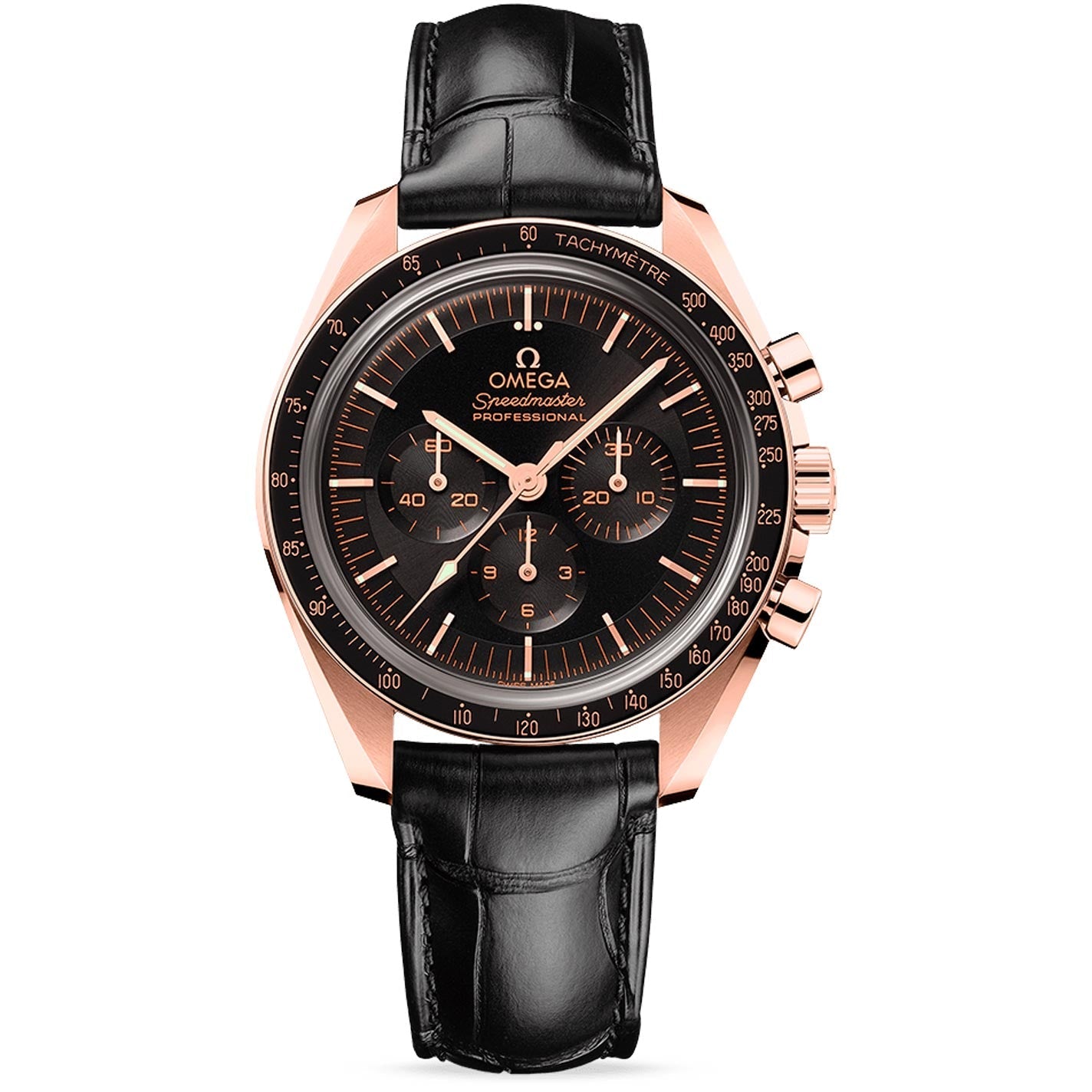 A prestigious timepiece featuring a black leather strap and rose gold casing, this OMEGA Speedmaster Moonwatch Professional Co-Axial Master Chronometer Chronograph 42mm Watch showcases a black dial with rose gold hands, markers, and multiple sub-dials. The iconic "OMEGA Speedmaster" label graces its face, reflecting the storied heritage of the legendary Speedmaster Moonwatch.