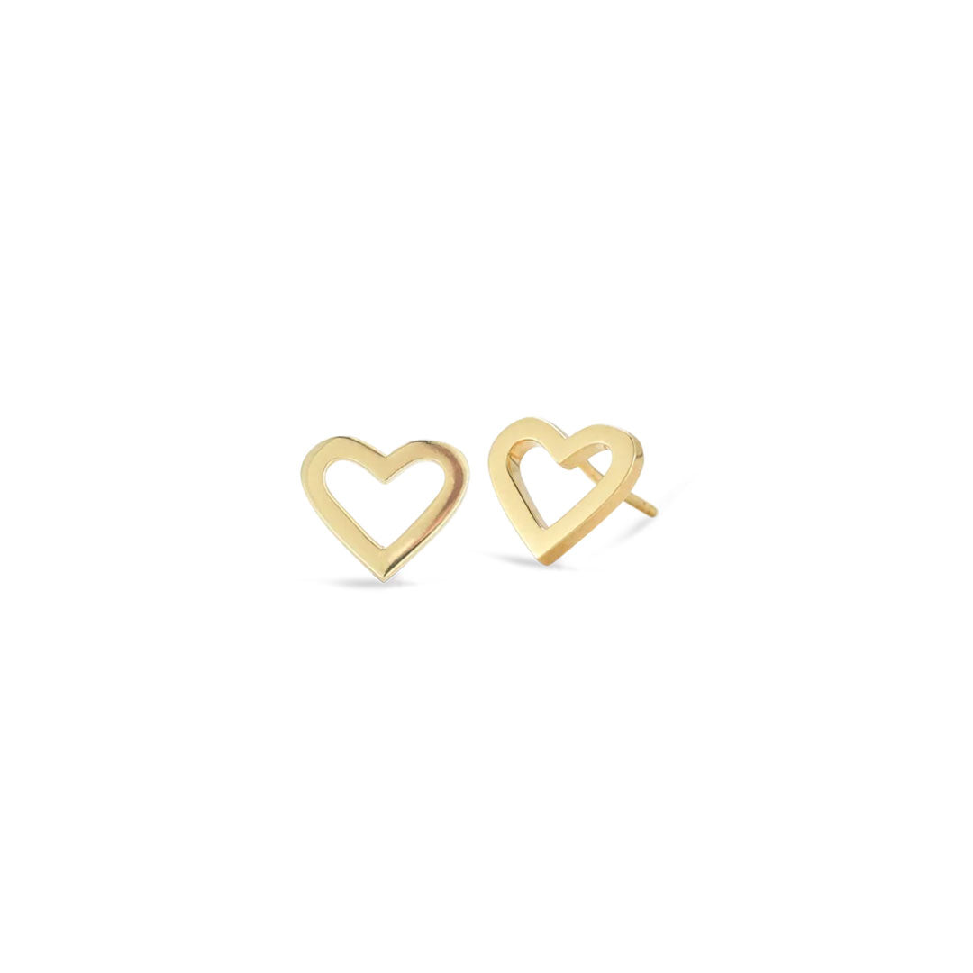 The Roberto Coin Tiny Treasures 18K Yellow Gold Heart Outline Stud Earrings feature delicate open-heart designs, expertly crafted in yellow gold and shown on a white background.
