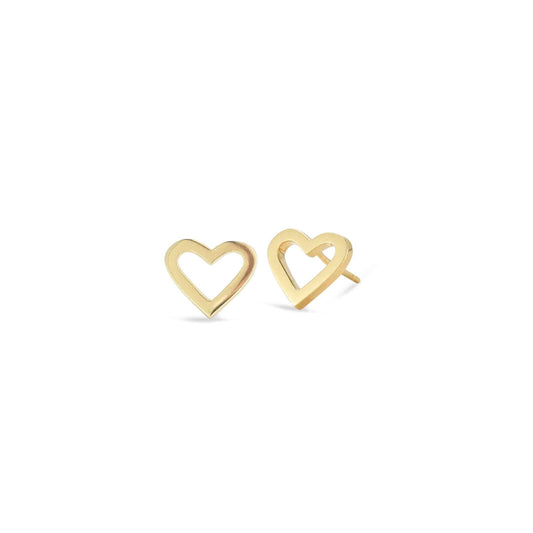 The Roberto Coin Tiny Treasures 18K Yellow Gold Heart Outline Stud Earrings feature delicate open-heart designs, expertly crafted in yellow gold and shown on a white background.