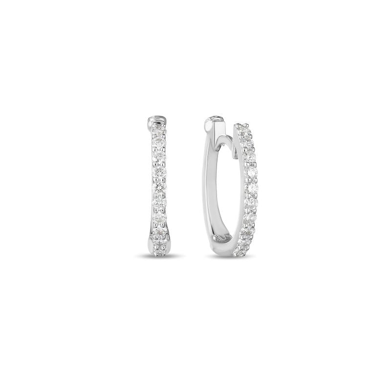 A pair of Roberto Coin 18K White Gold Diamond Earrings, featuring a circular shape and intricate design, is elegantly displayed against a plain white background.