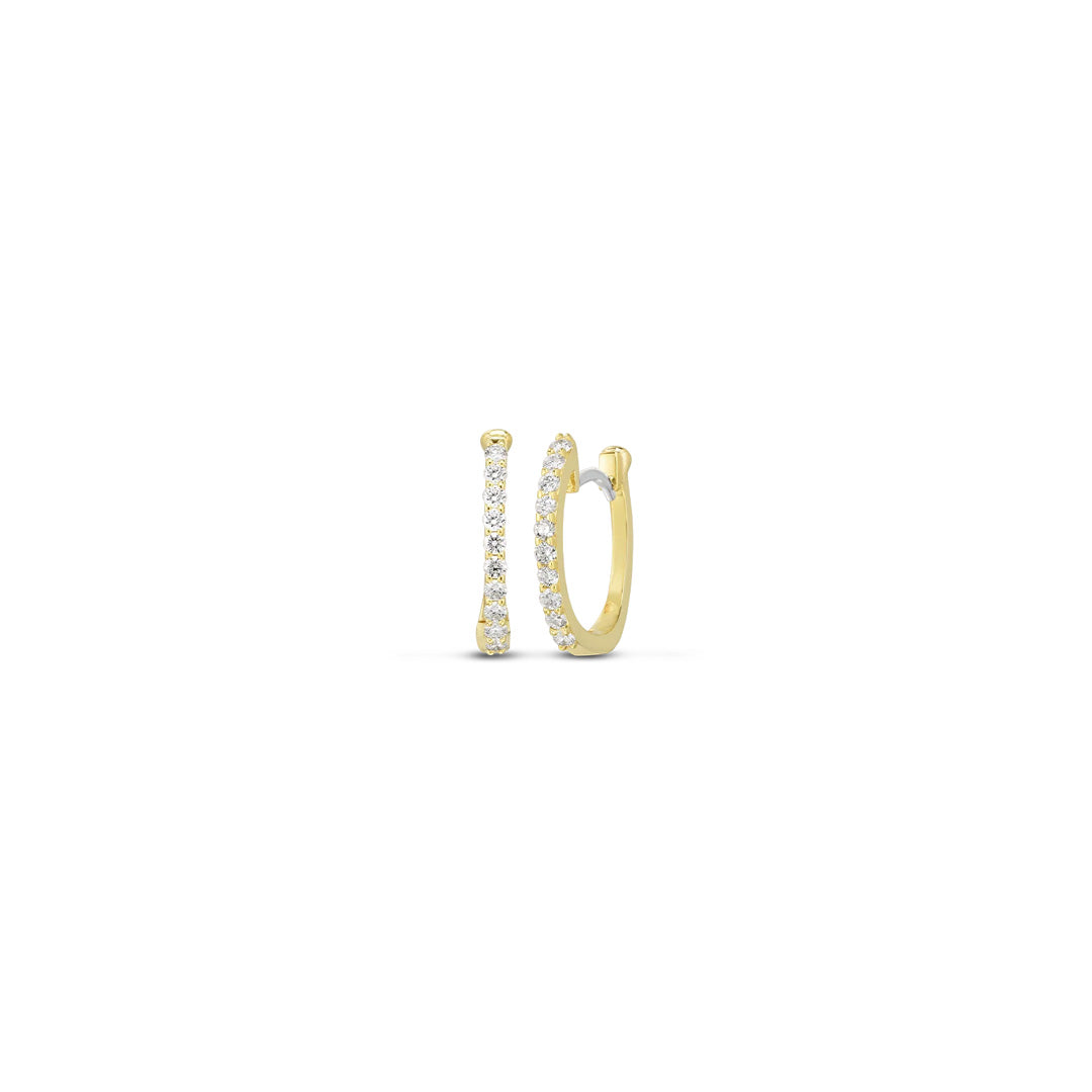 A pair of Roberto Coin Diamond Classic 18K Yellow Gold Pave Diamond Huggy Earrings, featuring small gold hoops set with sparkling pave diamonds, shown on a plain white background.