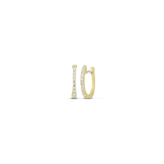 A pair of Roberto Coin Diamond Classic 18K Yellow Gold Pave Diamond Huggy Earrings, featuring small gold hoops set with sparkling pave diamonds, shown on a plain white background.