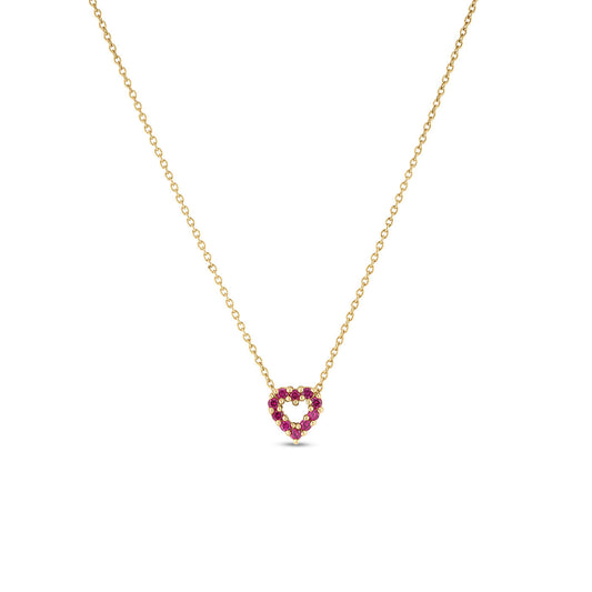 The Roberto Coin Tiny Treasures 18K Yellow Gold Diamond Necklace Pendant showcases a delicate chain and a heart-shaped charm adorned with small red gemstones. A round diamond subtly enhances the pendant’s allure as it hangs gracefully from the fine chain, embodying the exquisite craftsmanship of Roberto Coin.