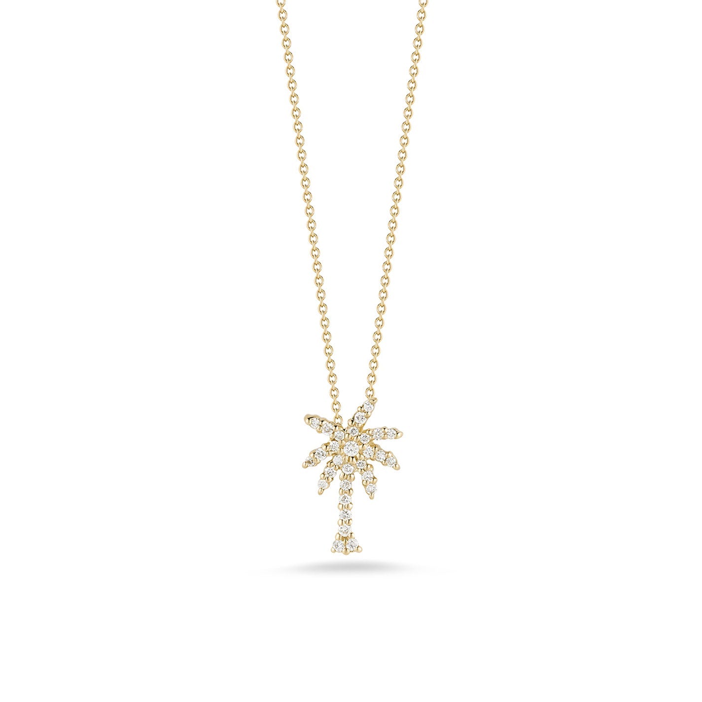 The Roberto Coin Tiny Treasures 18K White Gold Diamond Palm Tree Necklace Pendant exudes elegance and charm. Crafted by Roberto Coin, this exquisite piece features a palm tree pendant adorned with sparkling diamonds on its leaves and trunk, beautifully suspended from a delicate chain. Displayed against a plain white background, it showcases the perfect blend of sophistication and allure.