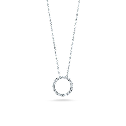 The Roberto Coin Tiny Treasures 18K White Gold Small Diamond Circle Necklace Pendant features a delicate circular pendant adorned with sparkling diamonds, shown on a plain white background.