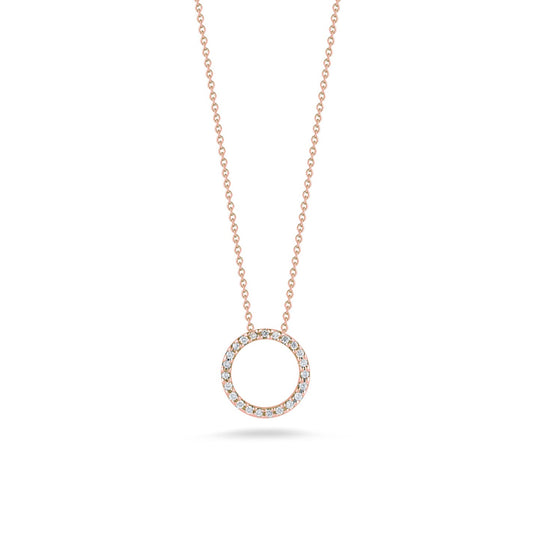 The Roberto Coin 18K Rosé Gold Diamond Necklace Pendant showcases an exquisite design with a delicate chain and a circular pendant embellished with small diamonds. The simplicity and elegance of the piece highlight its beauty, set against a plain white background.