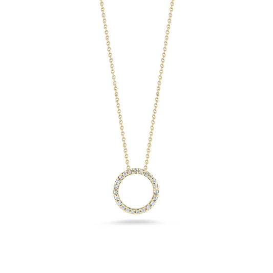 The Roberto Coin Tiny Treasures 18K Yellow Gold Diamond Circle Necklace Pendant, crafted by Roberto Coin, showcases a dazzling circular diamond pendant adorned with small diamonds. Suspended gracefully from a delicate chain, the open-centered design sparkles beautifully against a plain white background.