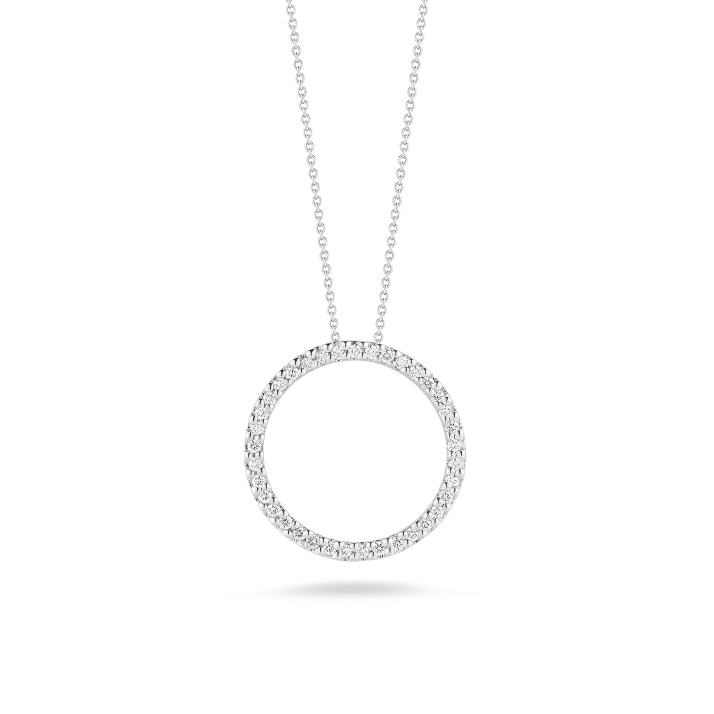 The Roberto Coin Tiny Treasures necklace showcases a delicate chain with a Diamond Circle Pendant, elegantly encrusted with small, sparkling diamonds and crafted in 18K White Gold, set against a white background.