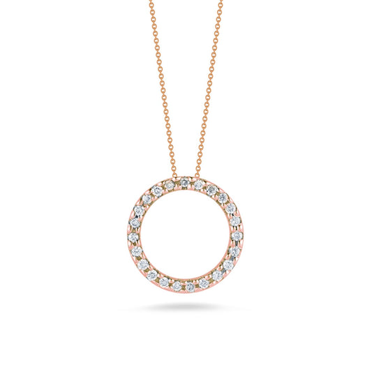 The Roberto Coin 18K Rose Gold Diamond Necklace Pendant is a beautiful piece, featuring a circular pendant adorned with small, round diamonds on a delicate chain. The open circle design displays evenly spaced gemstones, creating an aura of elegant simplicity set against a plain white background.