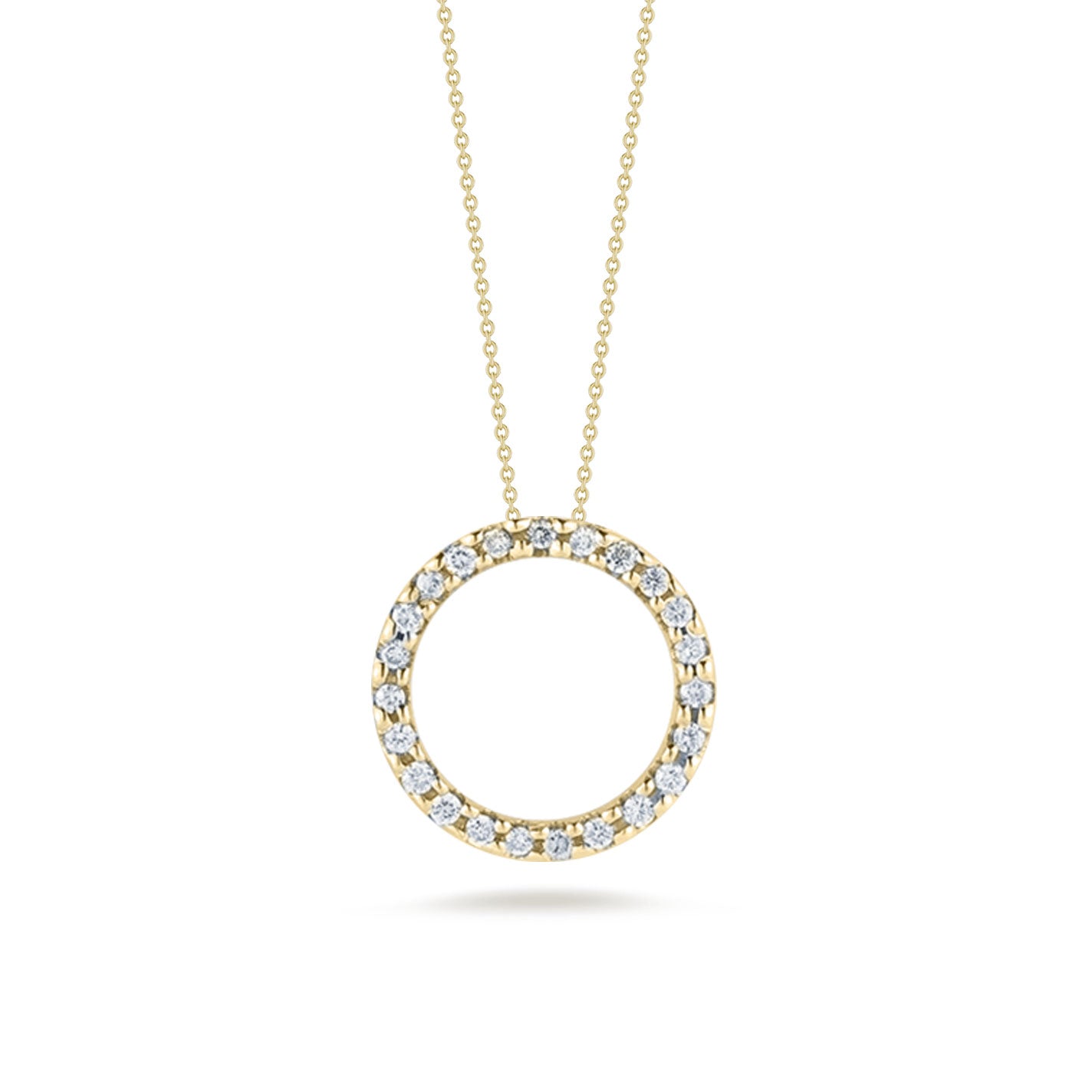 The Roberto Coin 18K Yellow Gold Diamond Circle Necklace Pendant showcases a circular pendant embellished with small, sparkling diamonds. The elegant design is suspended from a delicate gold chain, set against a plain white background.