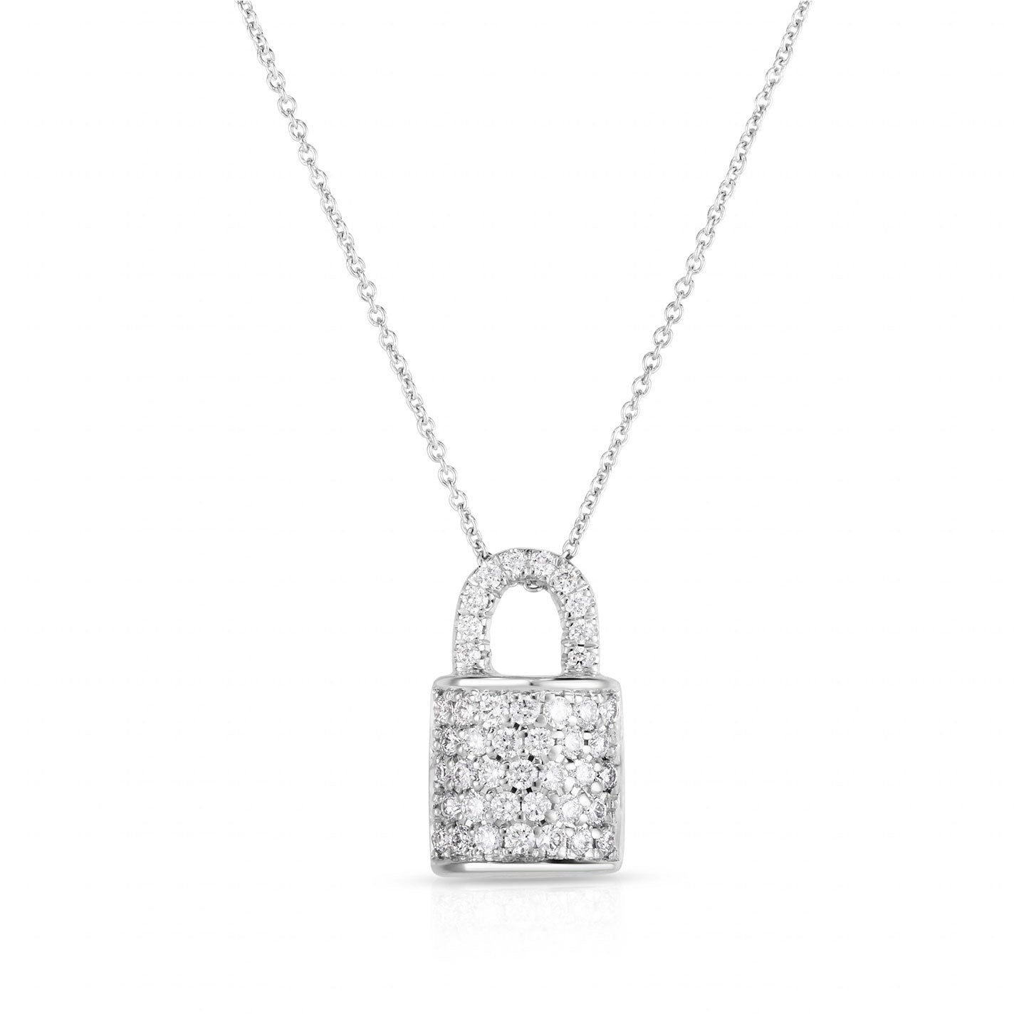 The Roberto Coin 18K White Gold Diamond Padlock Necklace Pendant, a delicate piece encrusted with small, sparkling diamonds, stands out against a plain white background.