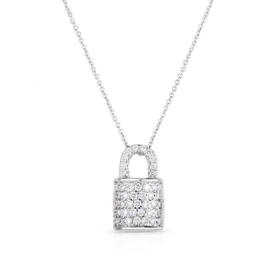 The Roberto Coin 18K White Gold Diamond Padlock Necklace Pendant, a delicate piece encrusted with small, sparkling diamonds, stands out against a plain white background.