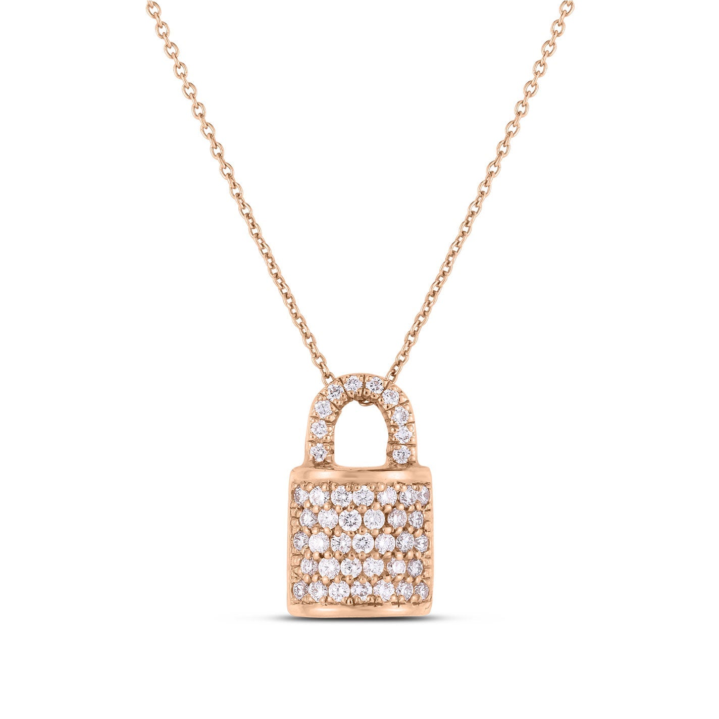 The Roberto Coin 18K Rose Gold Diamond Padlock Necklace Pendant features a luxurious 18k rose gold chain paired with a padlock pendant adorned with sparkling diamonds. Designed by Roberto Coin, the padlock highlights a smooth, rounded top and a flat rectangular base.