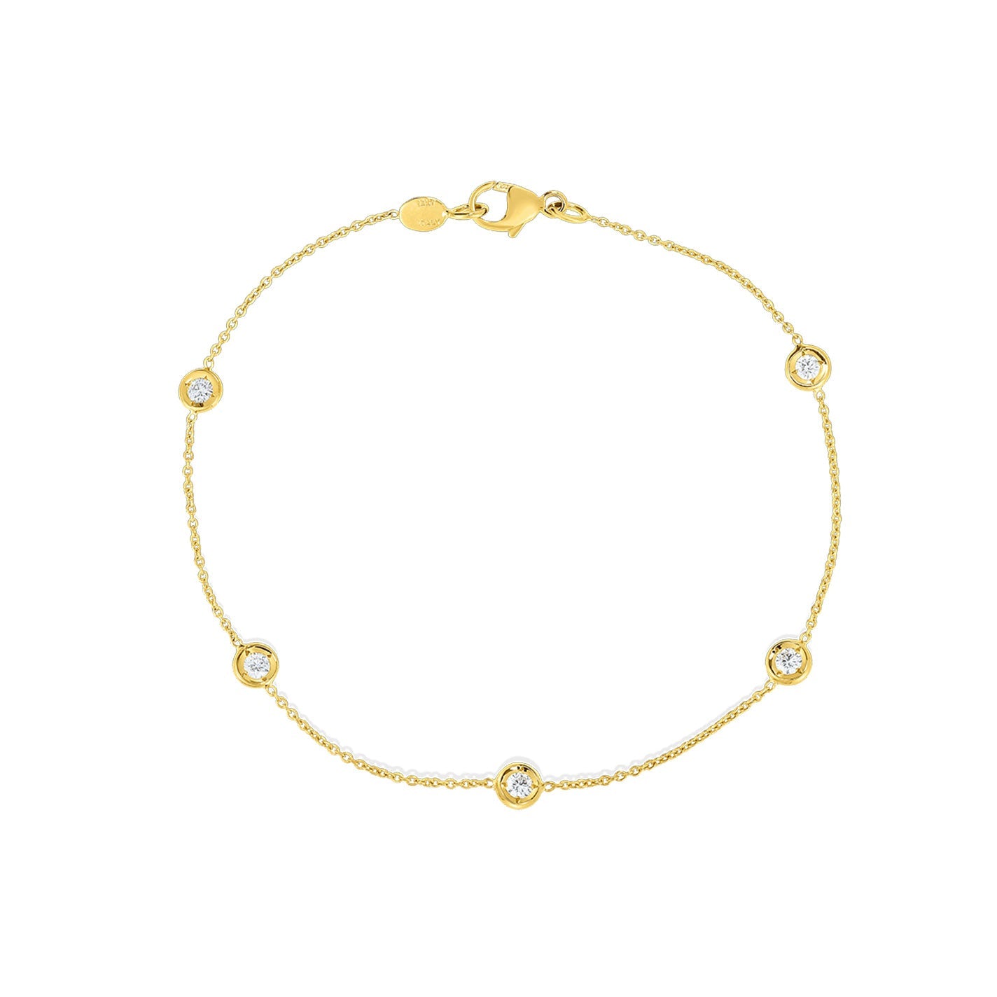 The Roberto Coin Diamonds By The Inch 18K Yellow Gold 5 Station Bracelet features five bezel-set round white gemstones evenly spaced on a delicate gold chain, finished with a lobster clasp closure.