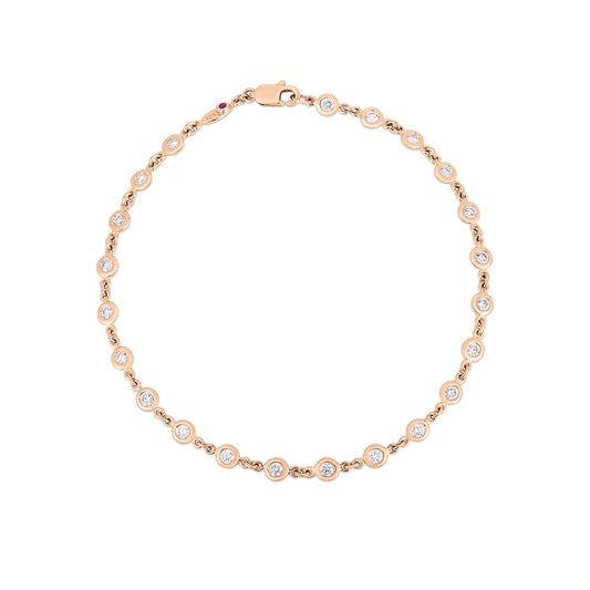 The Roberto Coin Diamonds By The Inch 18k Rose Gold Station Bracelet by Roberto Coin features a delicate chain with small, evenly spaced circular settings adorned with clear gemstones. Its elegant and simple design is completed with a clasp closure.