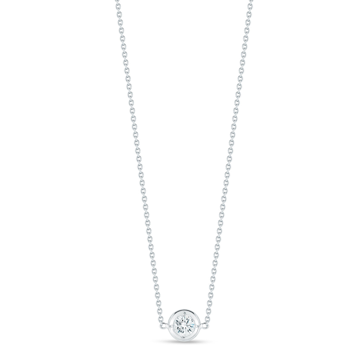 The Roberto Coin Diamonds By The Inch 18k White Gold Necklace Pendant showcases a graceful design with a single round diamond elegantly set in a circular setting. Its fine and symmetrical chain enhances the simple yet sophisticated aesthetic, echoing the timeless elegance typical of the Roberto Coin brand.