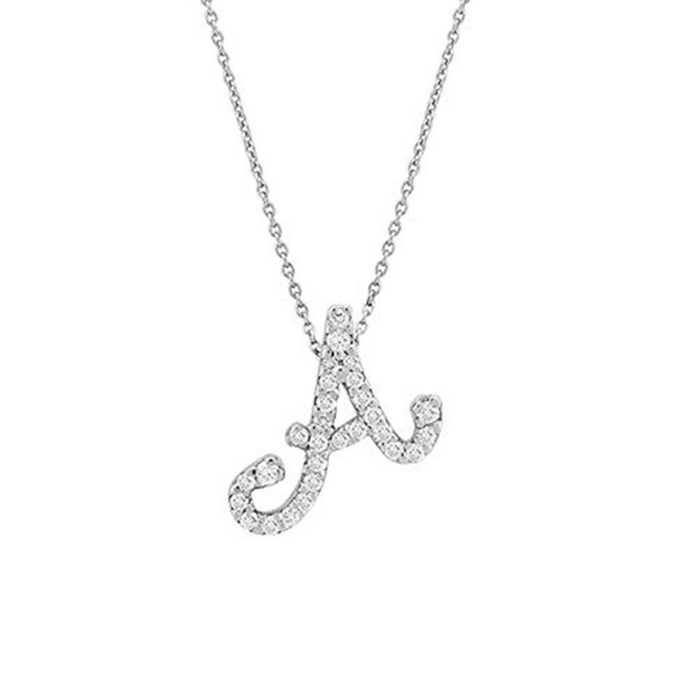 Introducing the Roberto Coin Tiny Treasures Necklace, featuring a cursive 'A' pendant crafted from 18K white gold. This exquisite piece by Roberto Coin is embellished with shimmering diamonds, and the delicate chain enhances its elegant design.