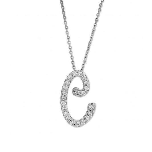 Presented against a simple white background, the Roberto Coin Tiny Treasures necklace showcases an 18K White Gold pendant in the form of a letter "C," adorned with shimmering jewels. This exquisite piece reflects the elegance of the Diamond Cursive Initial design by Roberto Coin.