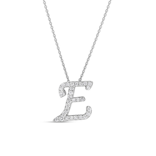 The Roberto Coin Tiny Treasures 18K White Gold Cursive Initial Necklace Pendant showcases an "E" shaped pendant adorned with sparkling diamonds, elegantly suspended from a delicate chain against a plain white background.