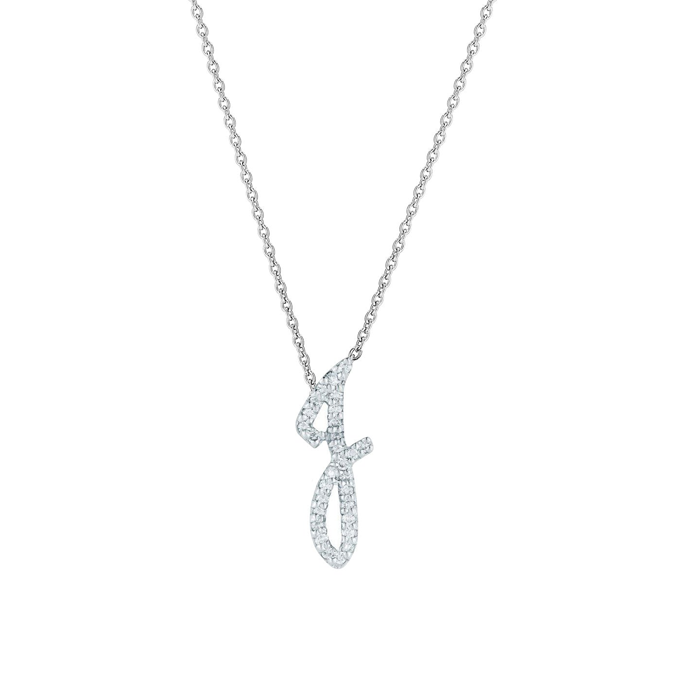 An exquisite Roberto Coin Tiny Treasures necklace, crafted from 18K White Gold, featuring a cursive "F" initial pendant adorned with shimmering gemstones. The design captures the elegance typical of Roberto Coin's creations, elegantly displayed against a simple white backdrop.