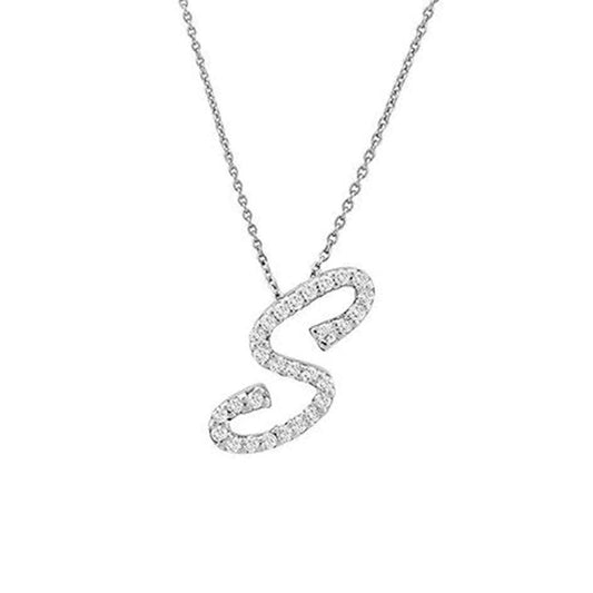 The Roberto Coin Tiny Treasures 18K White Gold Cursive Initial Necklace Pendant is a delicate piece featuring a pendant in the shape of the letter "S," adorned with small, sparkling diamonds. Crafted from exquisite 18 Karat white gold, this necklace elegantly rests on a thin chain.