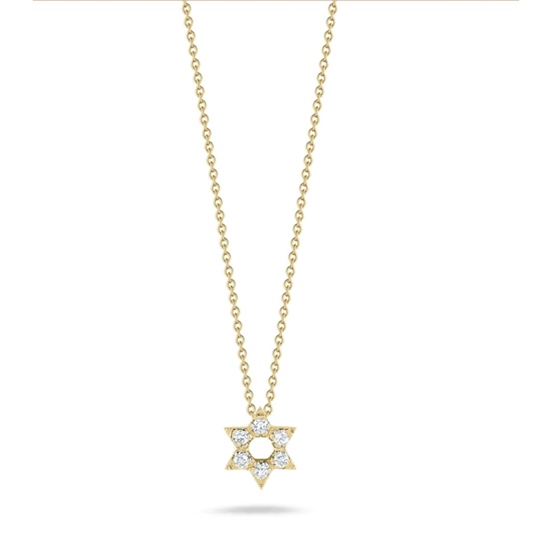 The Roberto Coin Tiny Treasures 18K Yellow Gold Diamond Star of David Necklace Pendant showcases a small diamond-adorned Star of David, crafted in 18K gold—a timeless Jewish jewelry piece by Roberto Coin.