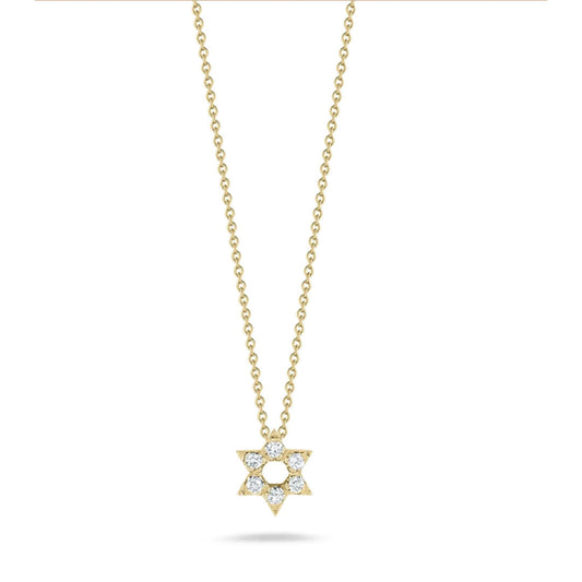 The Roberto Coin Tiny Treasures 18K Yellow Gold Diamond Star of David Necklace Pendant showcases a small diamond-adorned Star of David, crafted in 18K gold—a timeless Jewish jewelry piece by Roberto Coin.