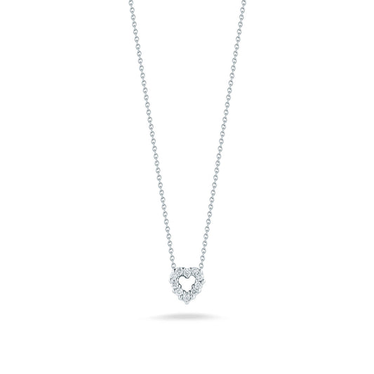 The Roberto Coin Tiny Treasures 18K White Gold Diamond Heart Necklace Pendant, crafted by the renowned brand Roberto Coin, is elegantly showcased on a simple white background.