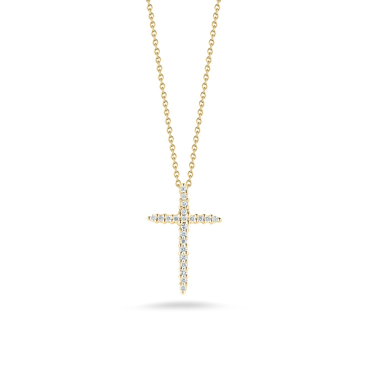 The Roberto Coin Tiny Treasures 18K Yellow Gold Diamond Cross Necklace Pendant is an elegant piece from Roberto Coin, featuring a pendant adorned with round diamonds on a delicate chain. The white background enhances the sparkle and sophistication of this exquisite jewelry item.