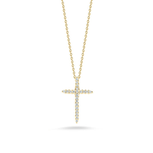 The Roberto Coin Tiny Treasures 18K Yellow Gold Diamond Cross Necklace Pendant is an elegant piece from Roberto Coin, featuring a pendant adorned with round diamonds on a delicate chain. The white background enhances the sparkle and sophistication of this exquisite jewelry item.