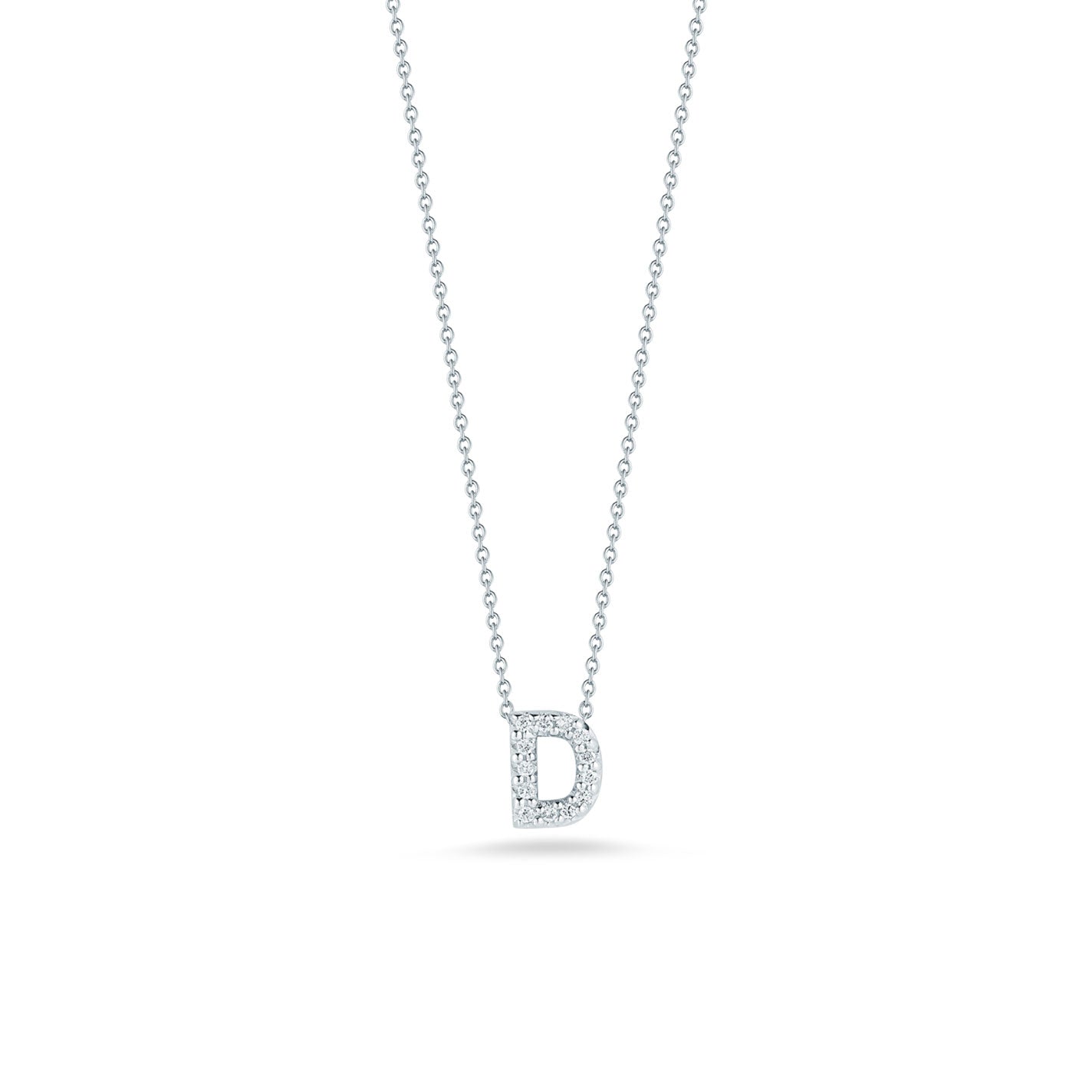 From the Roberto Coin Tiny Treasures collection, the Love Letter 18K White Gold Diamond Initial Necklace Pendant features a delicate design with an 18 karat white gold chain. The pendant, shaped like the letter "D," is adorned with small diamonds, perfectly capturing elegance in its minimalist style.