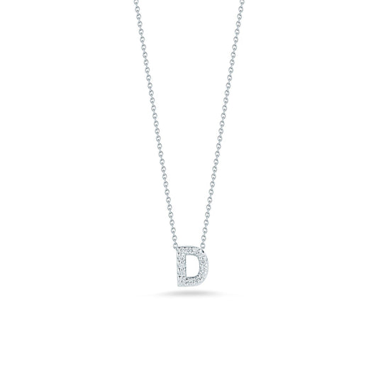 From the Roberto Coin Tiny Treasures collection, the Love Letter 18K White Gold Diamond Initial Necklace Pendant features a delicate design with an 18 karat white gold chain. The pendant, shaped like the letter "D," is adorned with small diamonds, perfectly capturing elegance in its minimalist style.