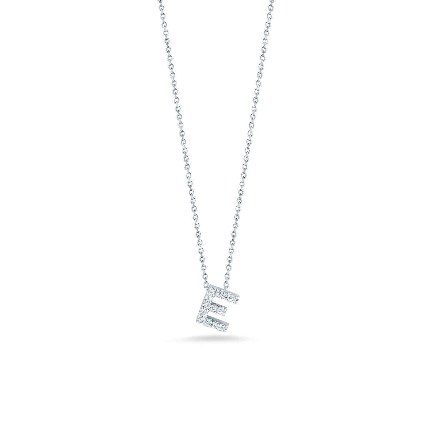 Introducing the Roberto Coin Tiny Treasures Love Letter 18K White Gold Diamond Initial Necklace Pendant. This elegant piece features a pendant shaped like the letter "E," adorned with small, sparkling diamonds. The exquisite diamond initial is suspended at an angle on a fine chain, set against a plain white background.