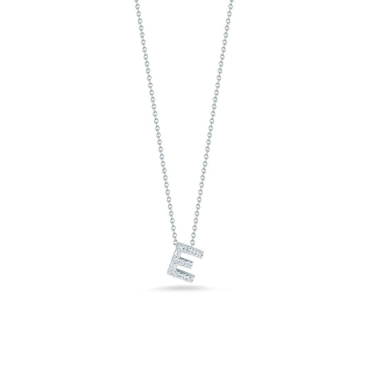 Introducing the Roberto Coin Tiny Treasures Love Letter 18K White Gold Diamond Initial Necklace Pendant. This elegant piece features a pendant shaped like the letter "E," adorned with small, sparkling diamonds. The exquisite diamond initial is suspended at an angle on a fine chain, set against a plain white background.