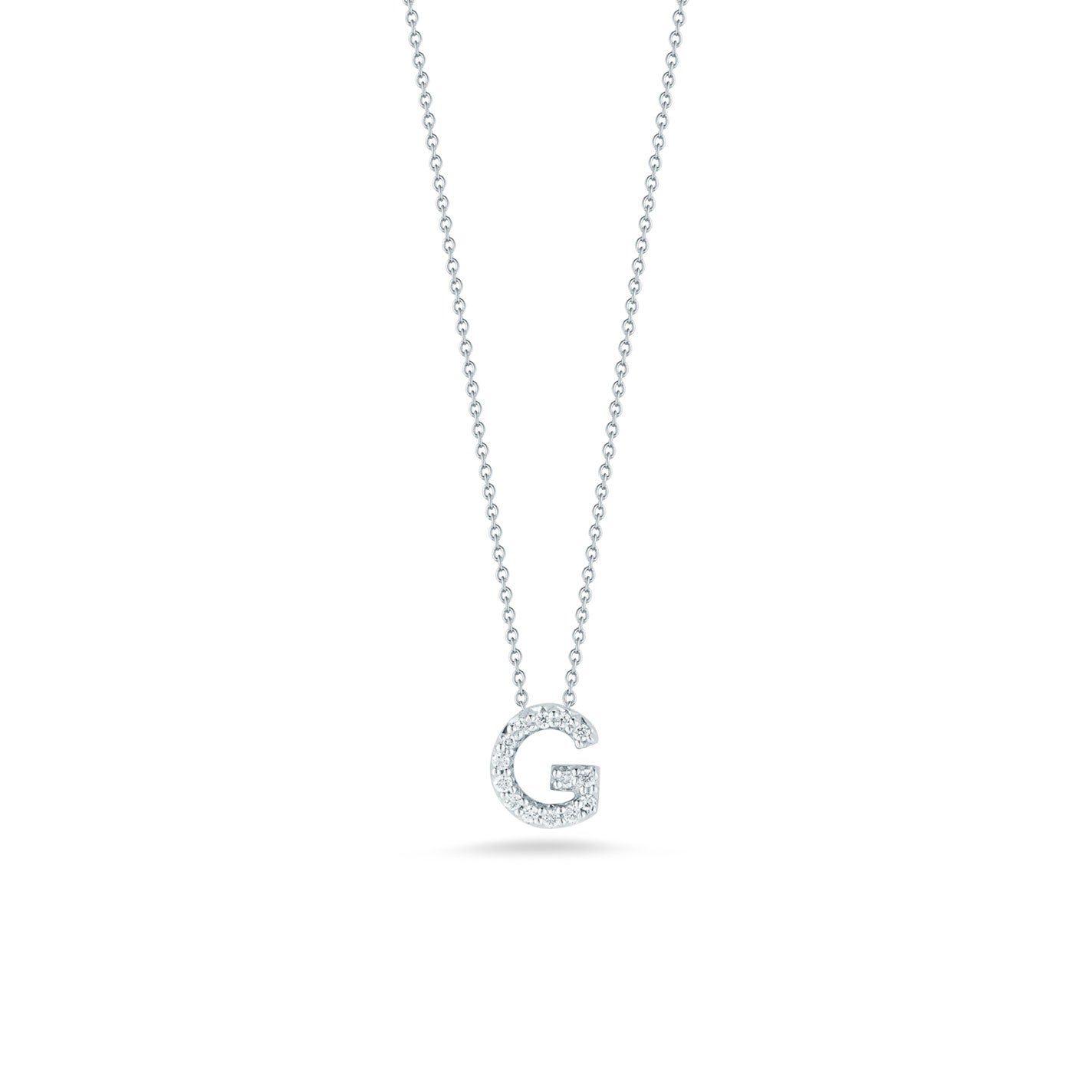 Explore the Roberto Coin Tiny Treasures 18K White Gold Diamond Initial Necklace Pendant: an elegant silver chain necklace adorned with a shimmering, diamond-accented letter "G." Expertly crafted with 18 Karat white gold, this stunning piece captures the sophistication of Roberto Coin and is elegantly presented against a simple white background.