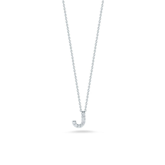 The Roberto Coin Tiny Treasures 18K White Gold Diamond Initial Necklace Pendant showcases a delicate design with the letter "J," highlighted by small, sparkling diamonds, set against a plain white background.