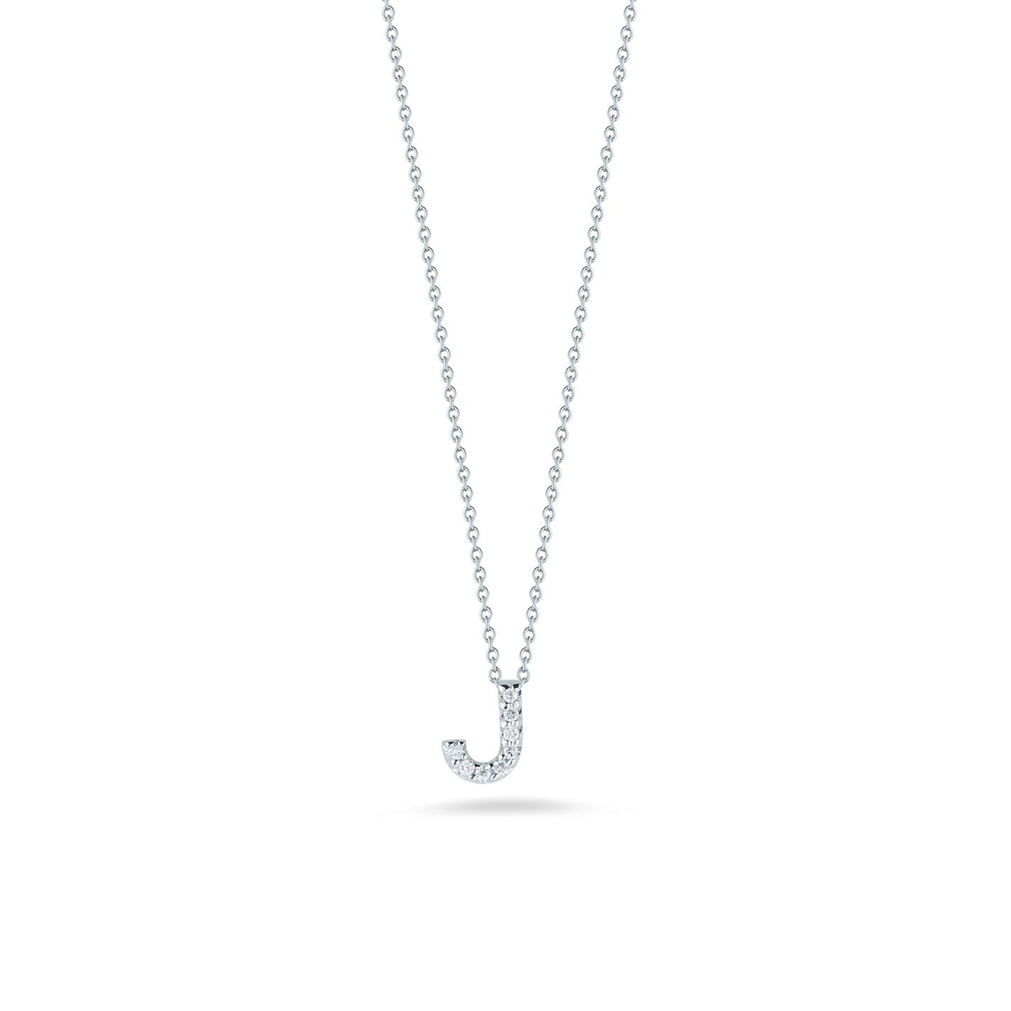 This exquisite necklace from Roberto Coin, named the Tiny Treasures Love Letter 18K White Gold Diamond Initial Necklace Pendant, showcases a "J"-shaped initial adorned with shimmering diamonds. The pendant, crafted with intricate detail in 18K white gold, is beautifully displayed against a simple white background.