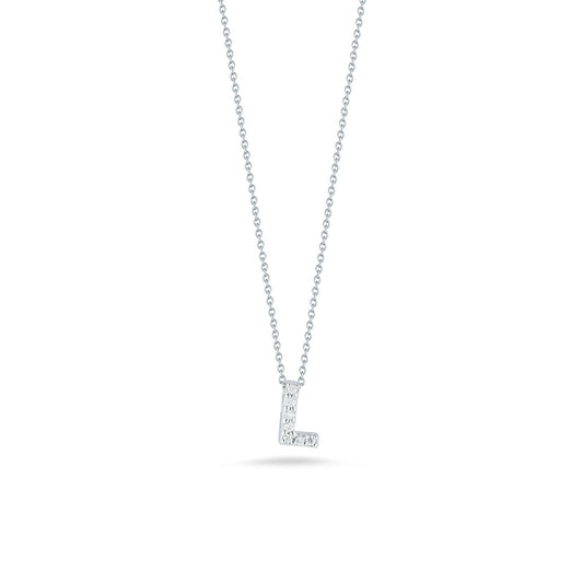 Part of Roberto Coin's Tiny Treasures collection, this elegant necklace features an 18K White Gold Diamond Initial Pendant shaped like the letter "L," adorned with small, sparkling stones and round diamonds.