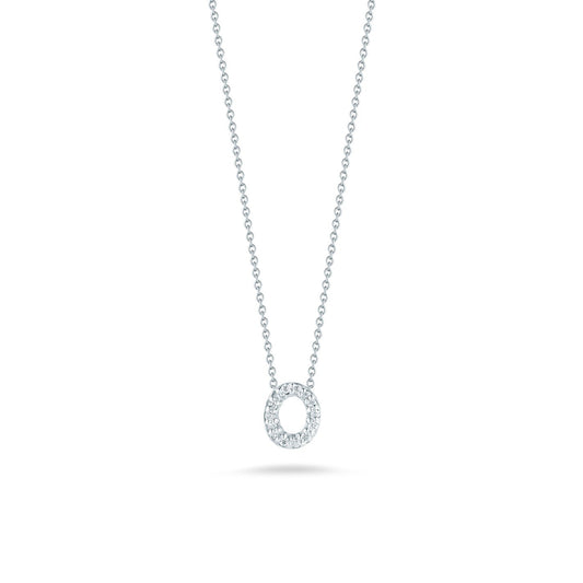 A delicate white gold necklace by Roberto Coin showcases an initial pendant adorned with small sparkling diamonds, suspended from a fine chain. The timeless luxury piece, named the Roberto Coin Tiny Treasures 18K White Gold Diamond Initial Necklace Pendant, is centered in the image against a plain white background.